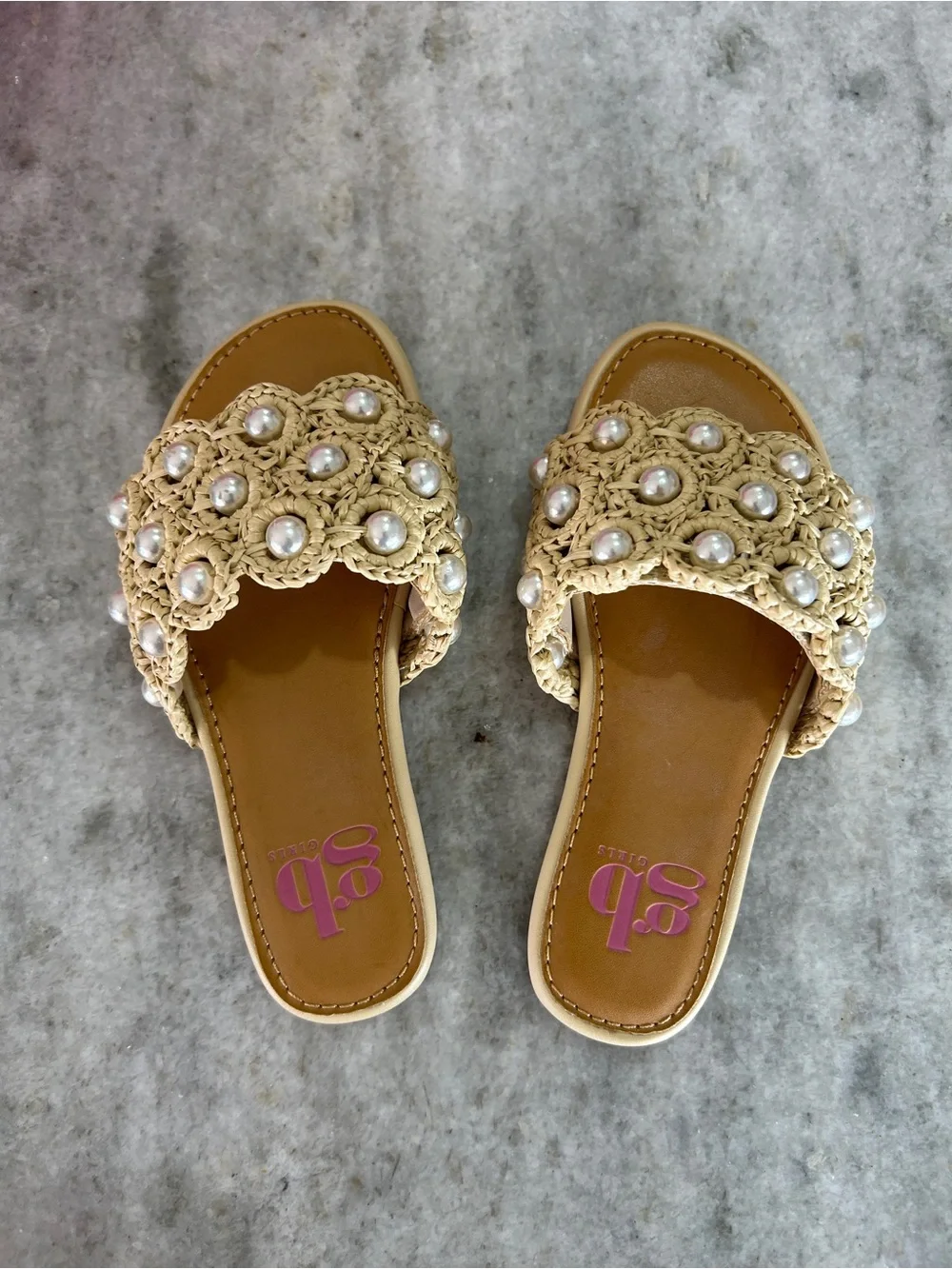 GB Girls Tan Crochet Slide Sandals with Pearl Accents Size 11M